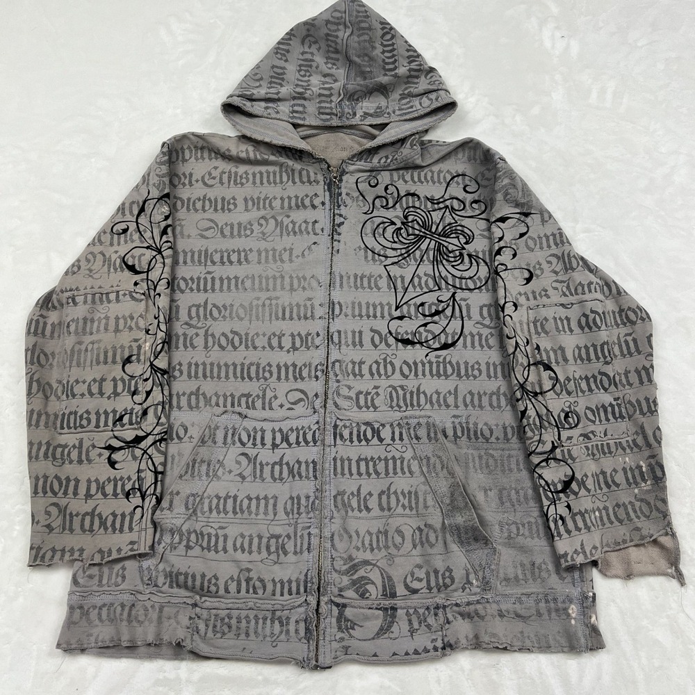 Affliction Zip Up Hoodie Mens XL Grey Gothic Cross Script Distressed